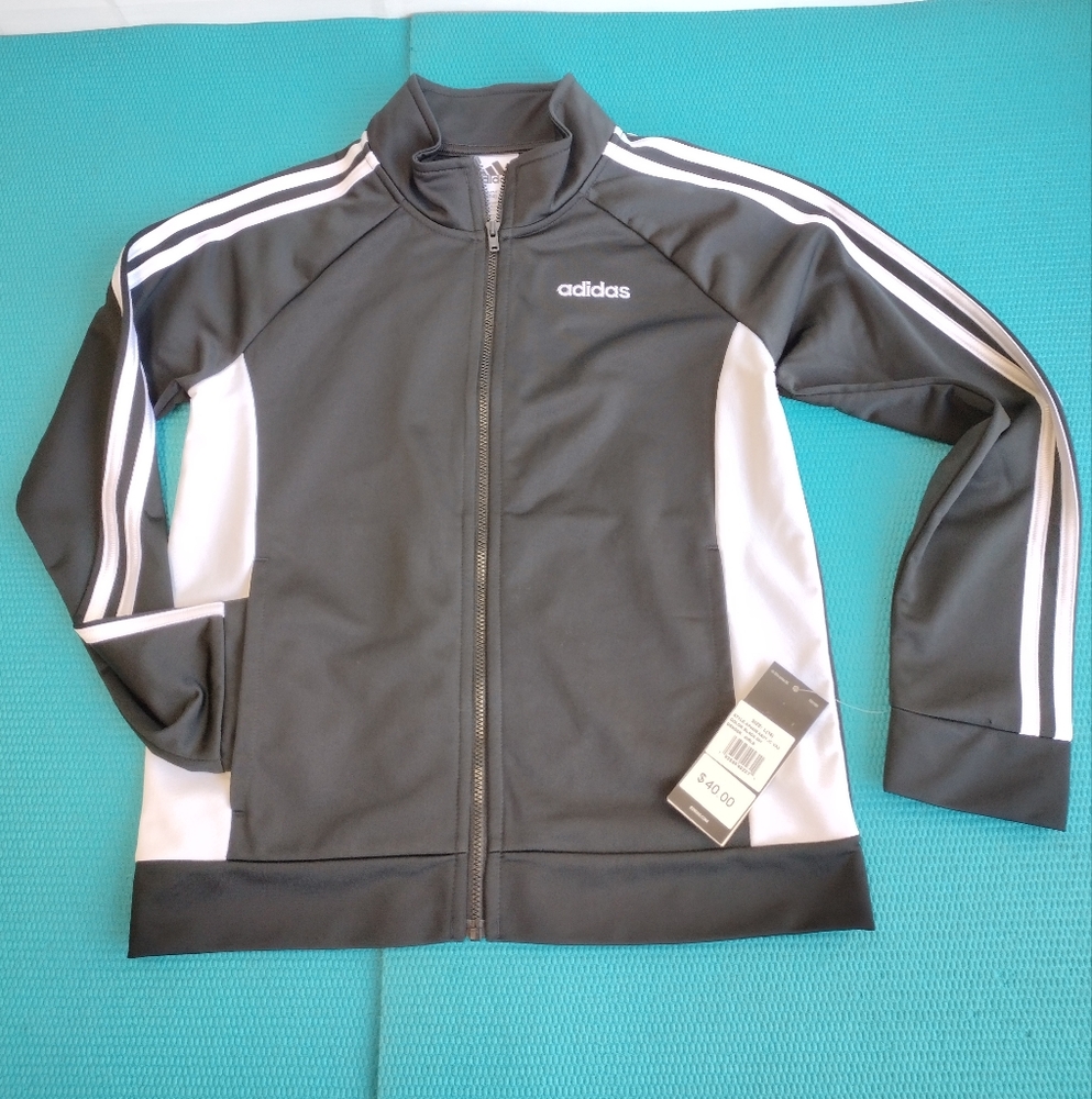 NWT Adidas Girls Black White Stripes Track Jacket Full Zip - L (14)
